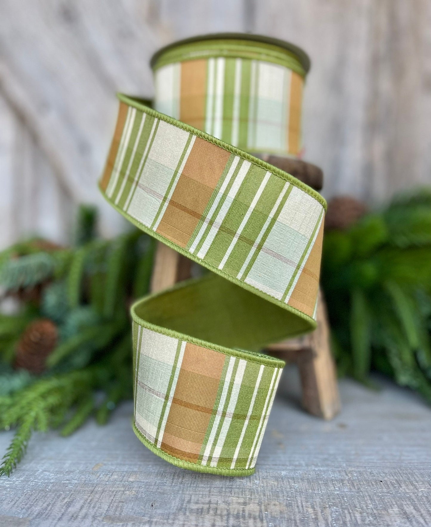 2.5" Green Moss and Brown Fall Plaid Ribbon, Woodsey Fall Ribbon, Farrisilk Ribbon