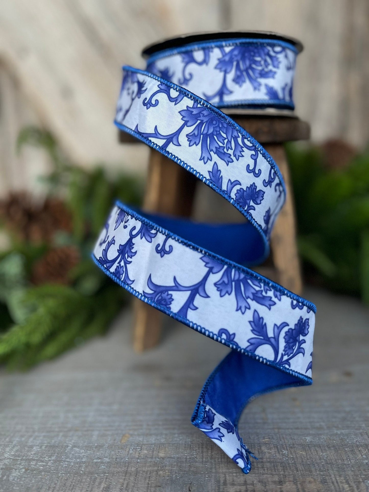 1.5" Blue Chinoiserie Ribbon, Blue and White Chinoiserie Ribbon, Wired RIbbon