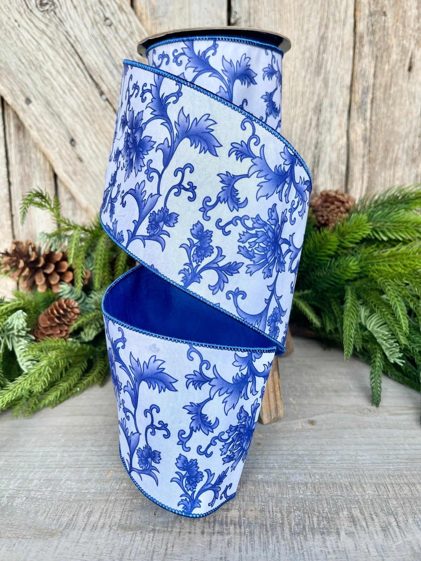 4" Blue Chinoiserie Ribbon, Blue and White Chinoiserie Ribbon, Wired RIbbon