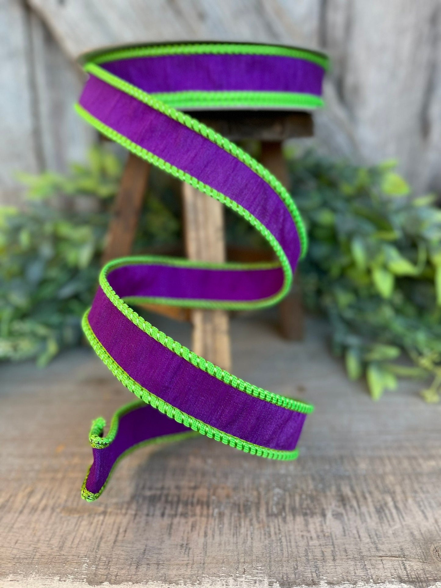 1" Purple Lime Green Corded Ribbon, Farrisilk Ribbon, Wired Ribbon