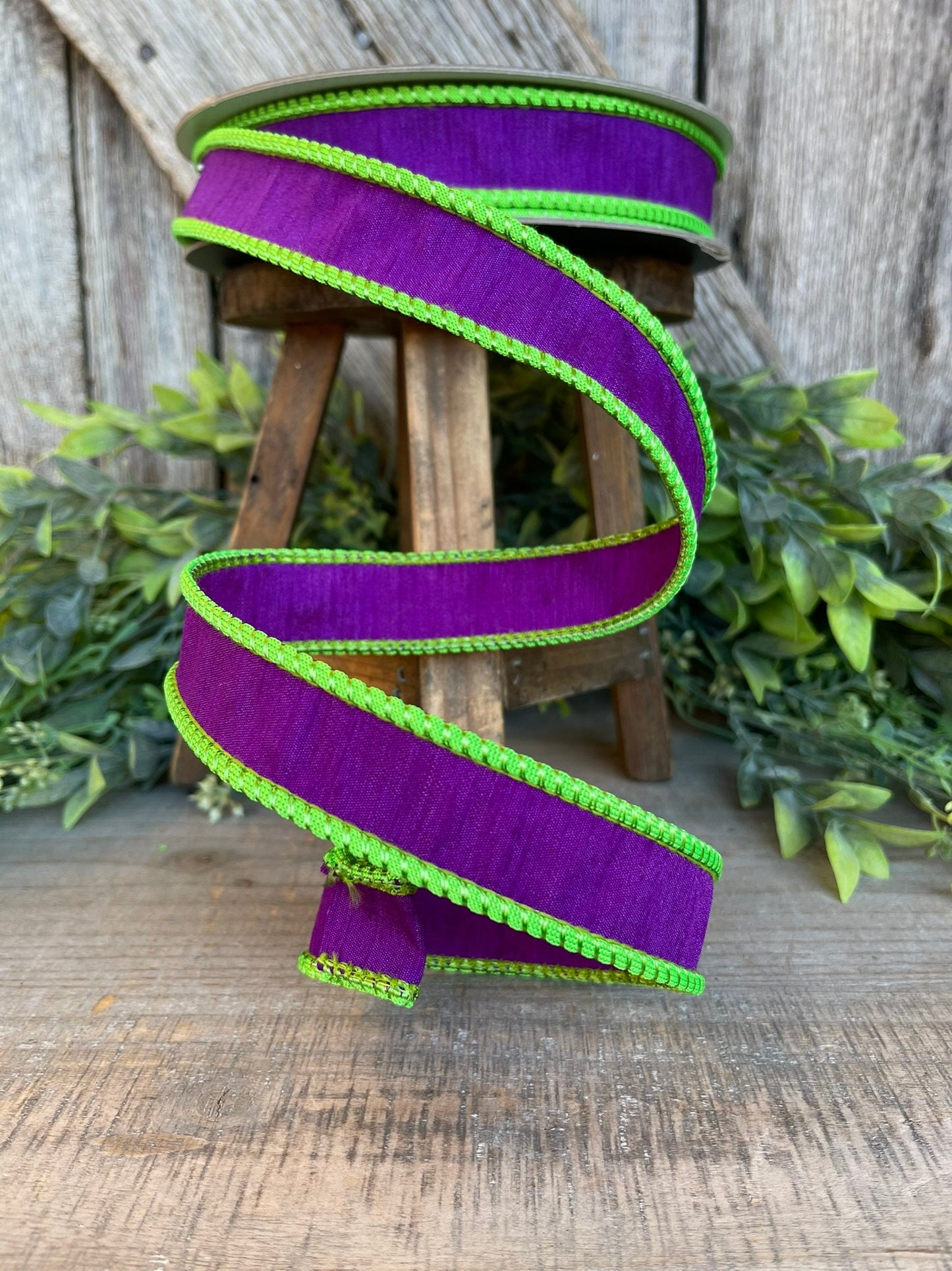 1" Purple Lime Green Corded Ribbon, Farrisilk Ribbon, Wired Ribbon
