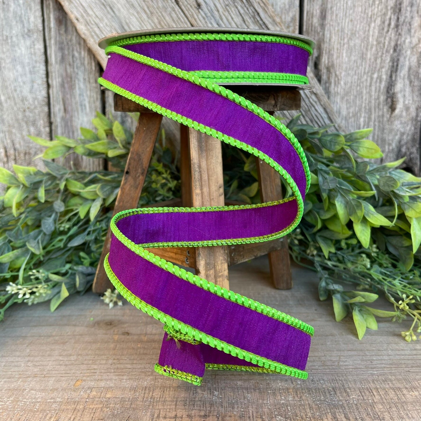 1" Purple Lime Green Corded Ribbon, Farrisilk Ribbon, Wired Ribbon