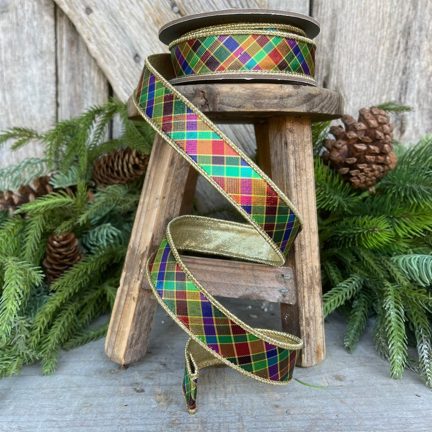 1" Jewel Tone Plaid Metallic Ribbon, Wired RIbbon, CHristmas RIbbon
