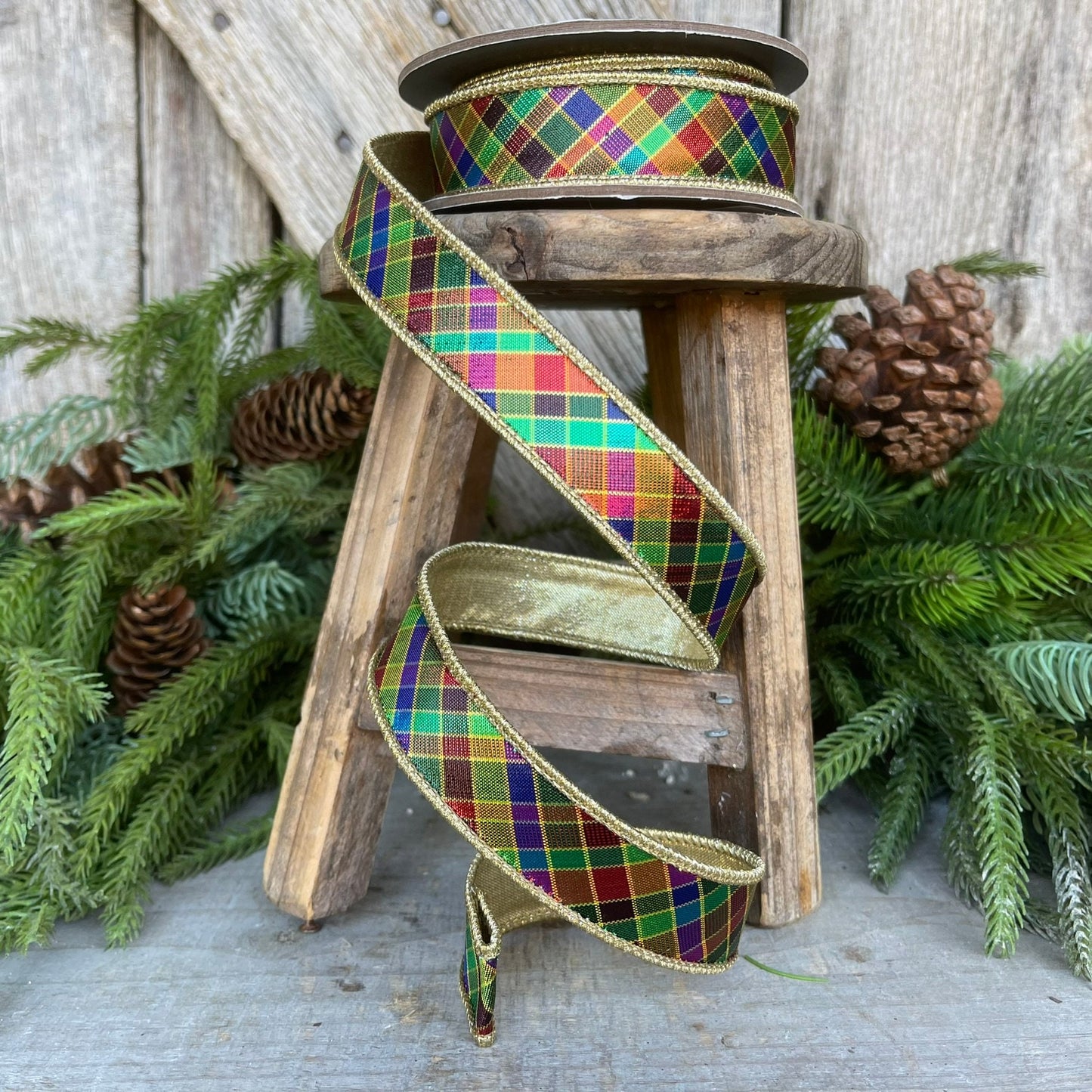 1" Jewel Tone Plaid Metallic Ribbon, Wired RIbbon, CHristmas RIbbon