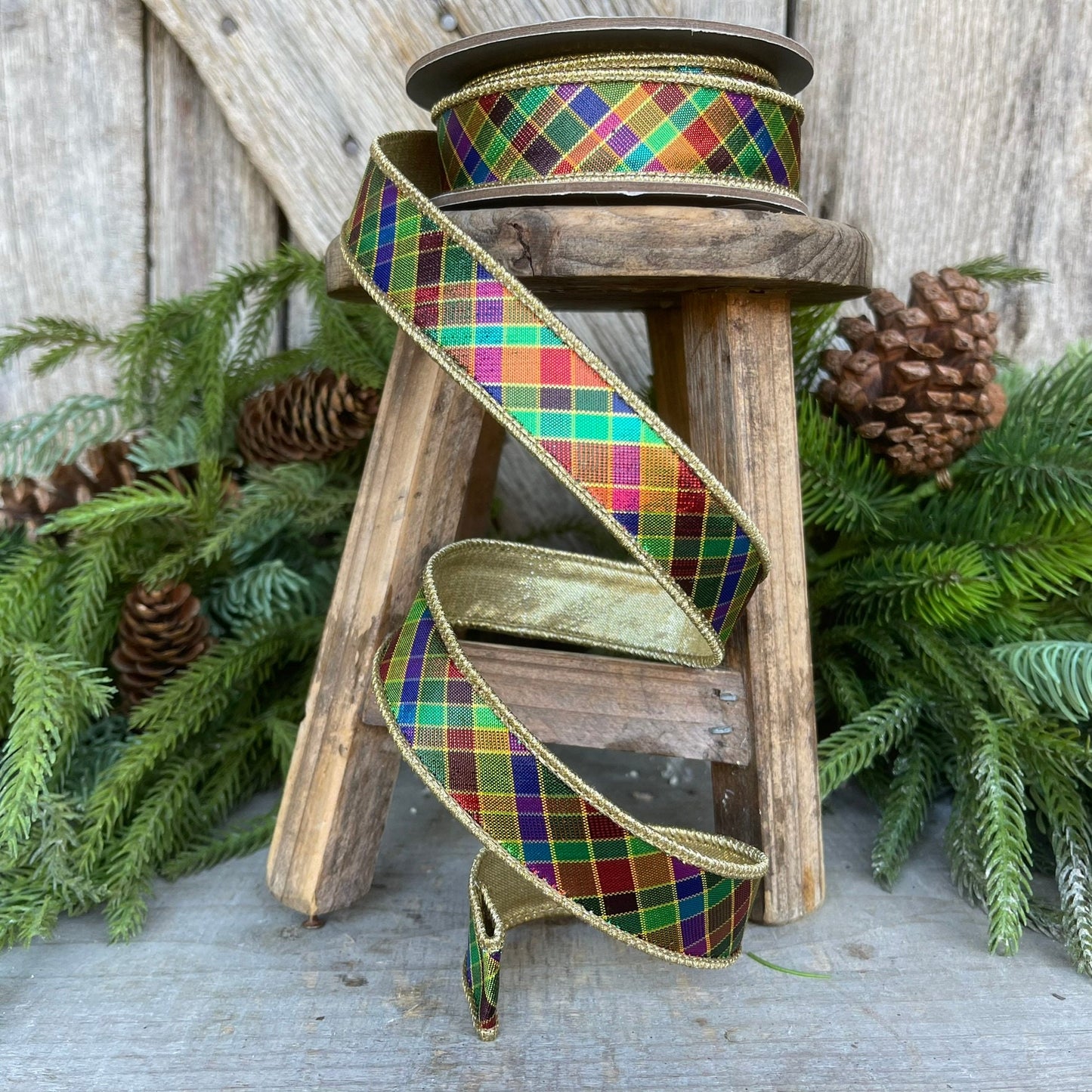 1" Jewel Tone Plaid Metallic Ribbon, Wired RIbbon, CHristmas RIbbon