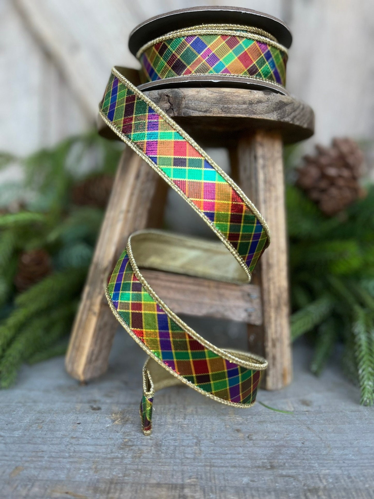 1" Jewel Tone Plaid Metallic Ribbon, Wired RIbbon, CHristmas RIbbon