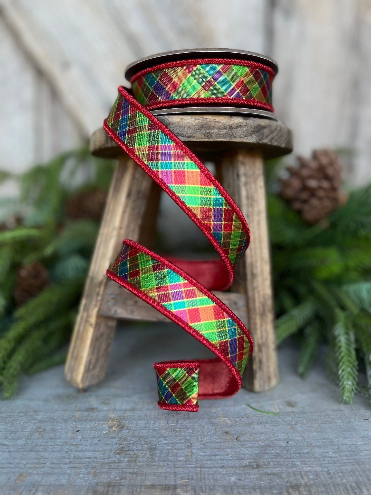 7/8" Jewel Tone Plaid Metallic Ribbon, Wired RIbbon, CHristmas RIbbon
