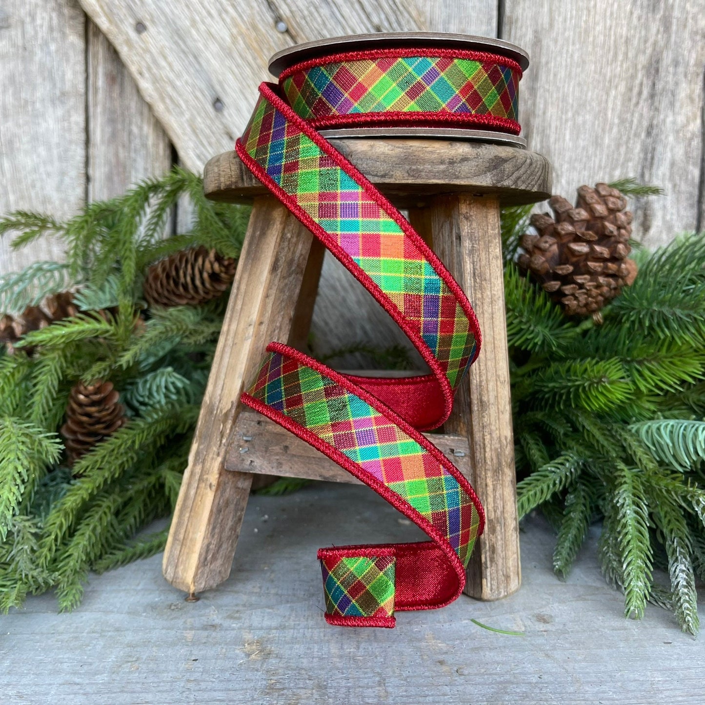 7/8" Jewel Tone Plaid Metallic Ribbon, Wired RIbbon, CHristmas RIbbon