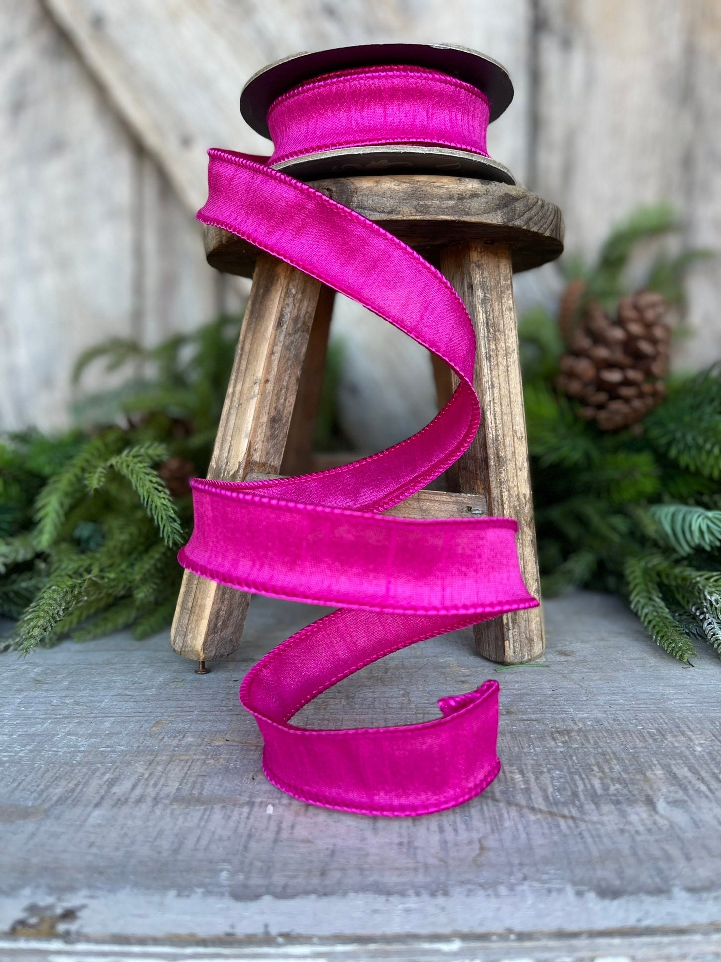 7/8" Hot Pink Dupioni Ribbon, Wired Ribbon,Narrow Ribbon,Skinny Ribbon