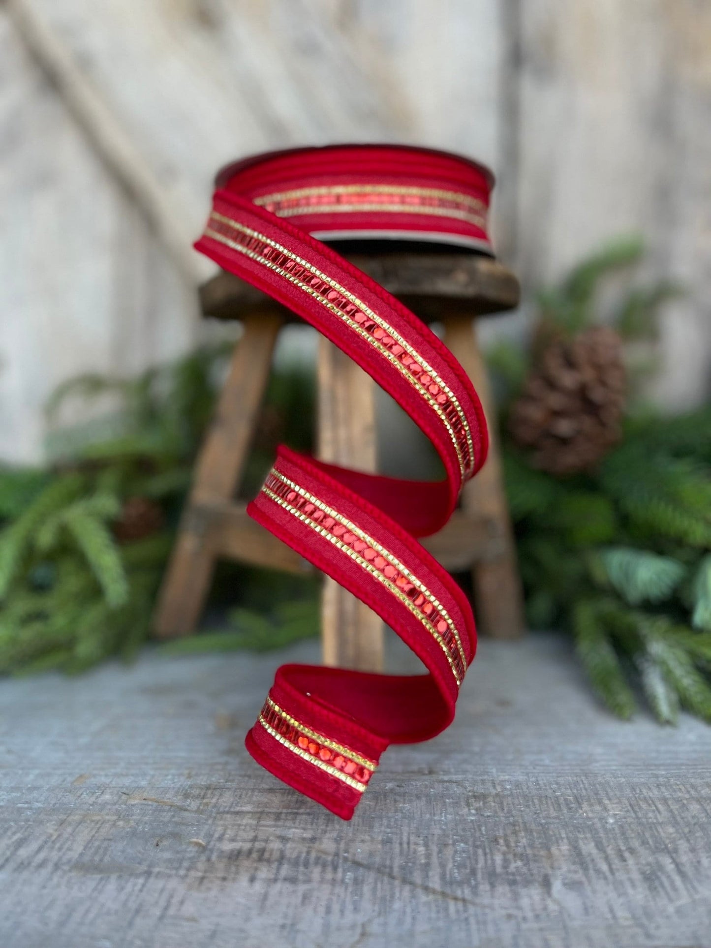 1" Red Silver Twinkle Trim Ribbon, Farrisilk ribbon, Red Silver Jeweled RIbbon, Red Christmas Ribbon, Designer RIbbon, RK756-57