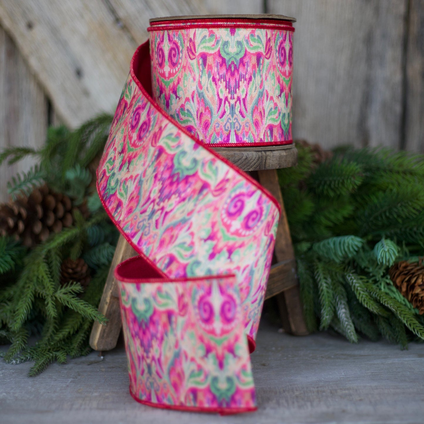 4" Pink Green Ikat Ribbon, Farrisilk Ribbon