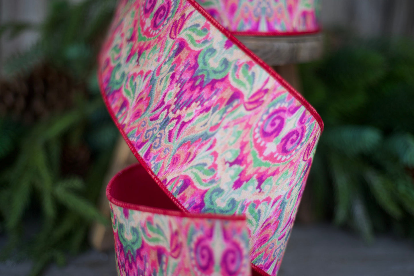 4" Pink Green Ikat Ribbon, Farrisilk Ribbon