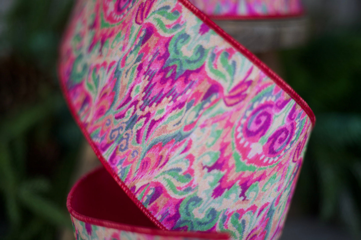 4" Pink Green Ikat Ribbon, Farrisilk Ribbon