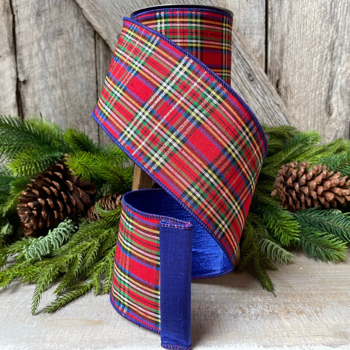 4" Blue Caroler Plaid RIbbon, Farrisilk Ribbon