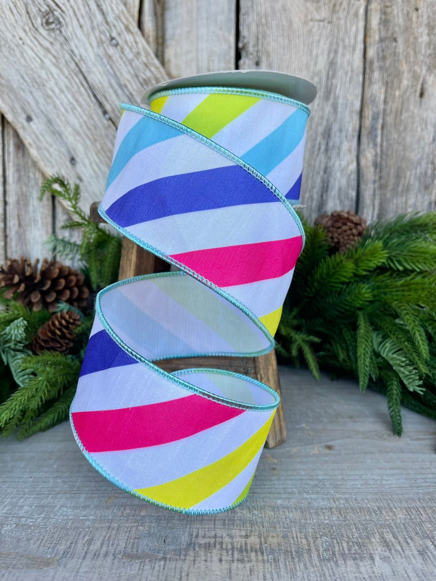 2.5" Rainbow Diagonal Stripe, Wired Ribbon, Summer Ribbon