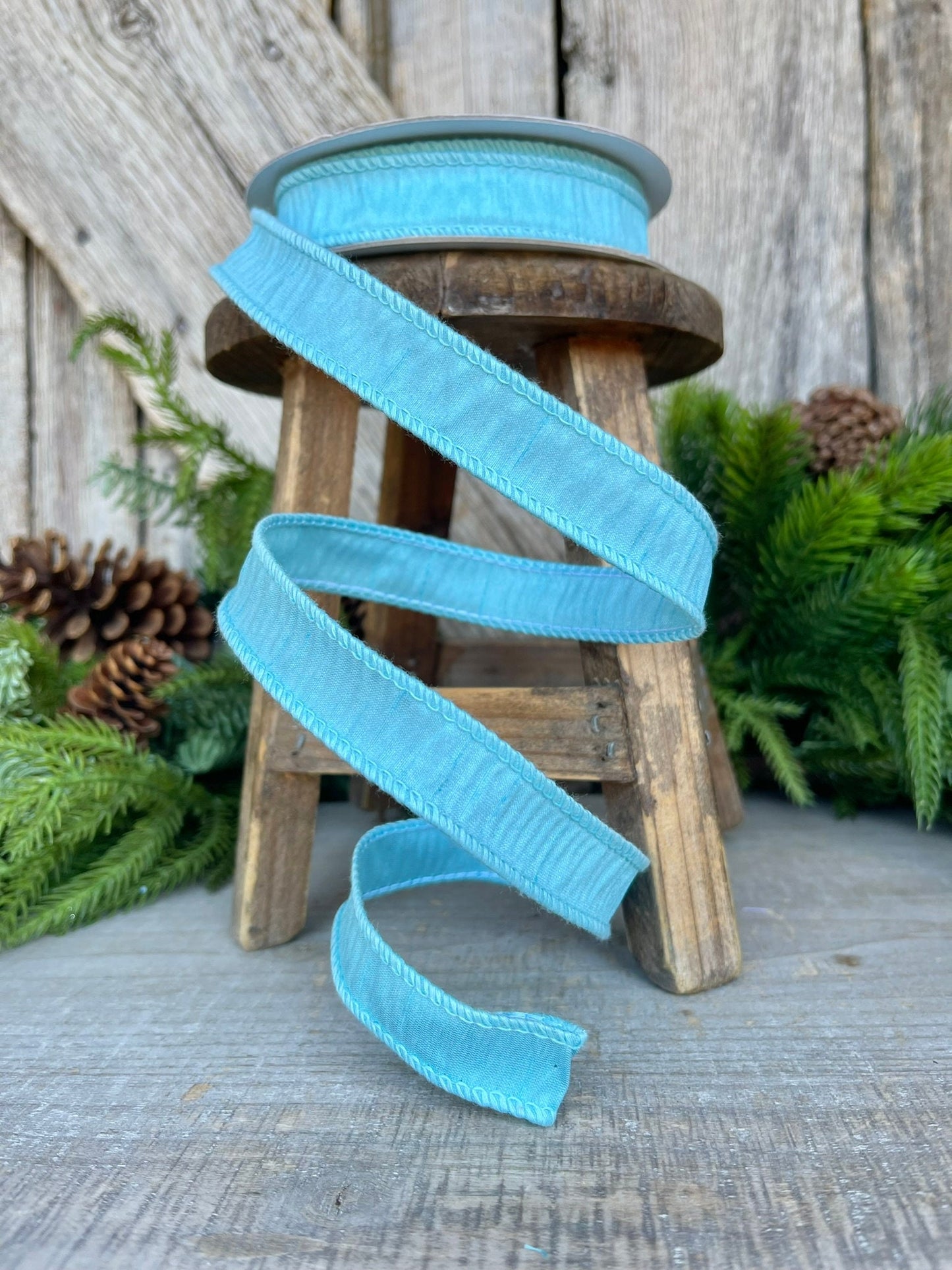 7/8" Aqua Blue Dupioni Ribbon, Wired Ribbon, Narrow Ribbon