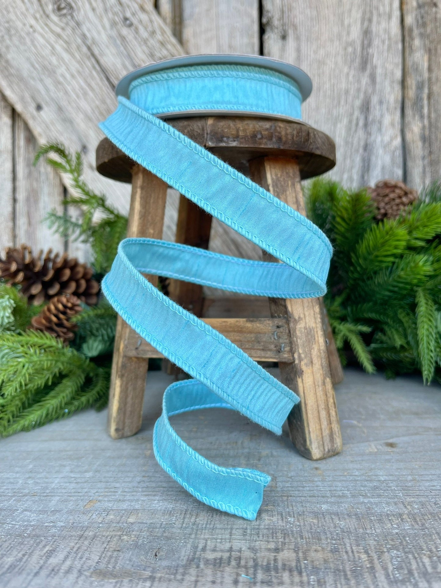 7/8" Aqua Blue Dupioni Ribbon, Wired Ribbon, Narrow Ribbon