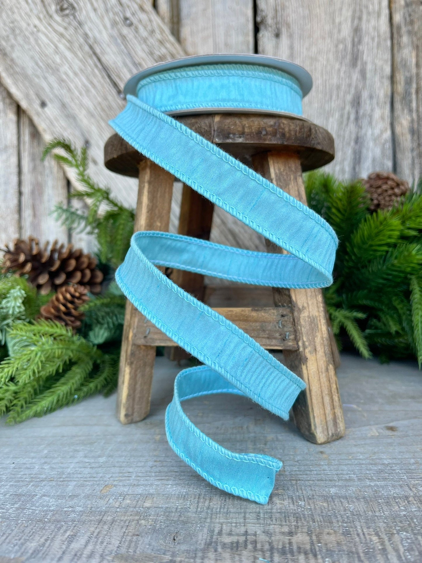7/8" Aqua Blue Dupioni Ribbon, Wired Ribbon, Narrow Ribbon