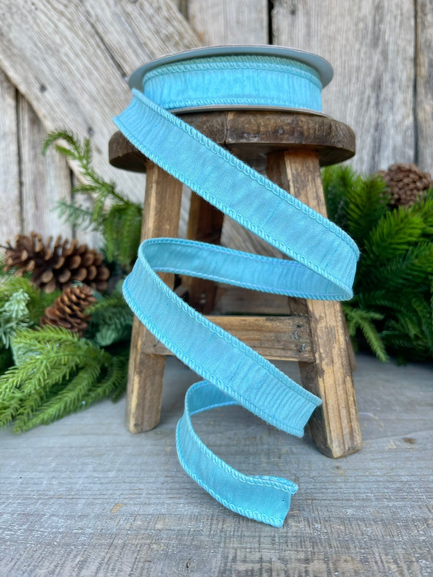 7/8" Aqua Blue Dupioni Ribbon, Wired Ribbon, Narrow Ribbon