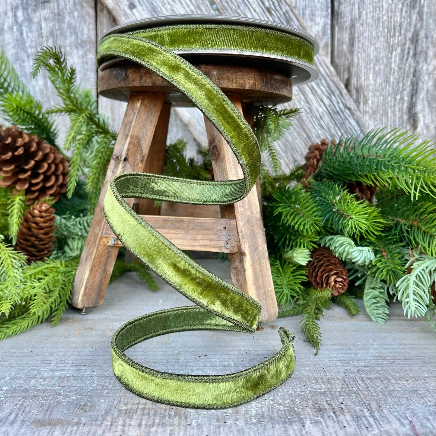 3/4" Forest Green Velvet Ribbon, Farrisilk Ribbon, Wired Ribbon