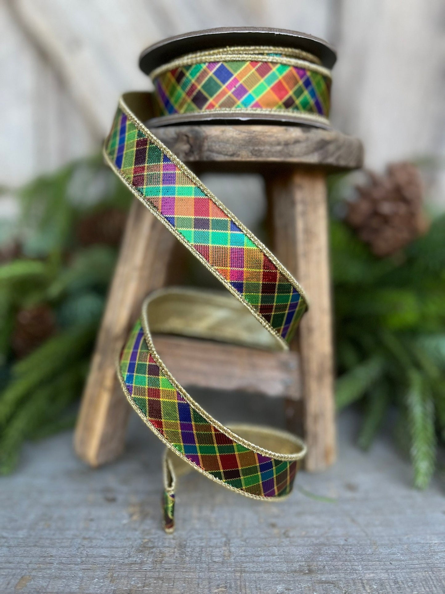 1" Jewel Tone Plaid Metallic Ribbon, Wired RIbbon, CHristmas RIbbon