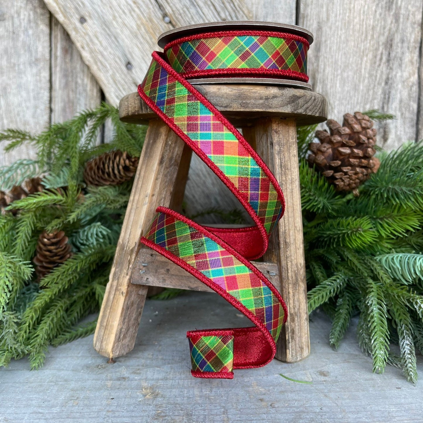 7/8" Jewel Tone Plaid Metallic Ribbon, Wired RIbbon, CHristmas RIbbon