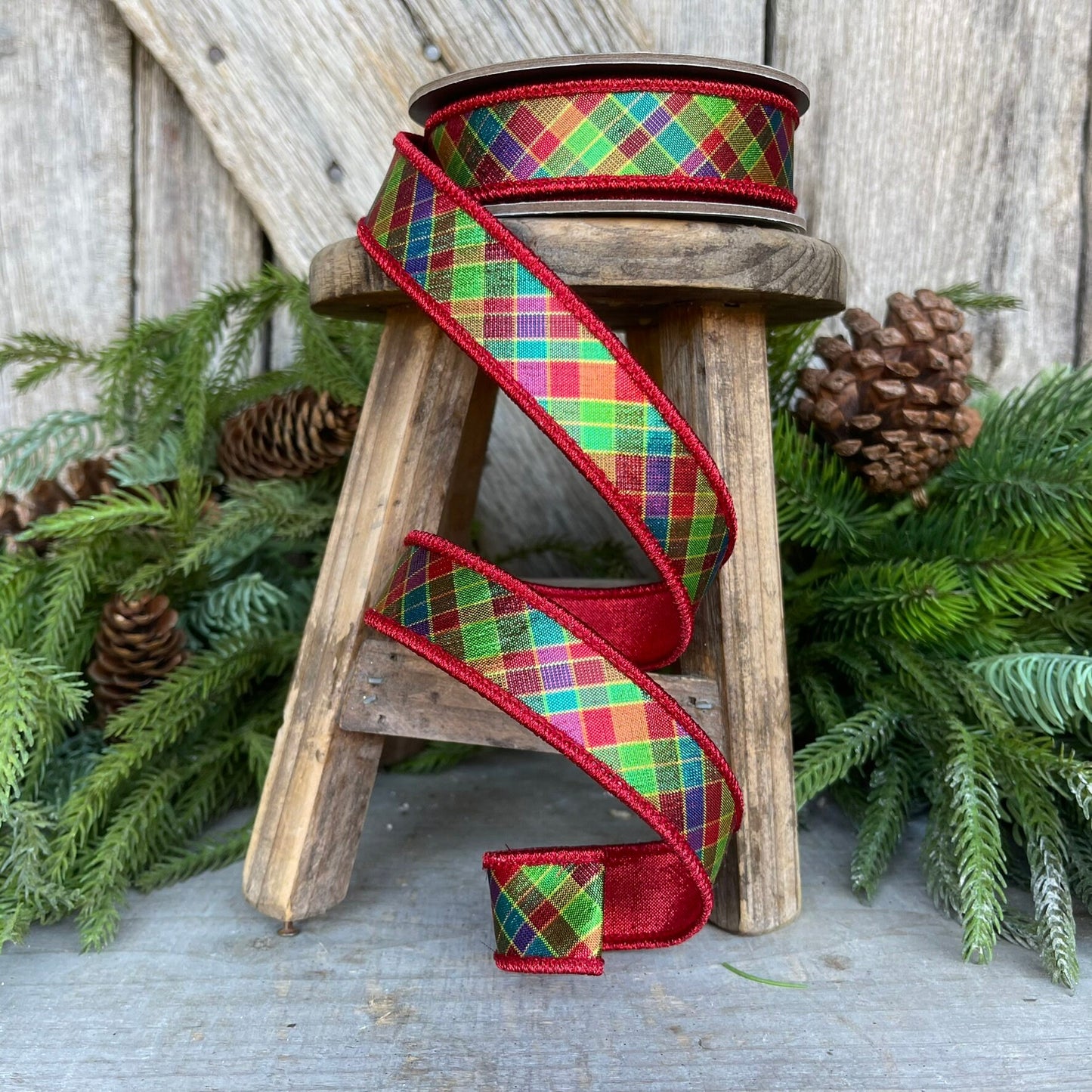 7/8" Jewel Tone Plaid Metallic Ribbon, Wired RIbbon, CHristmas RIbbon