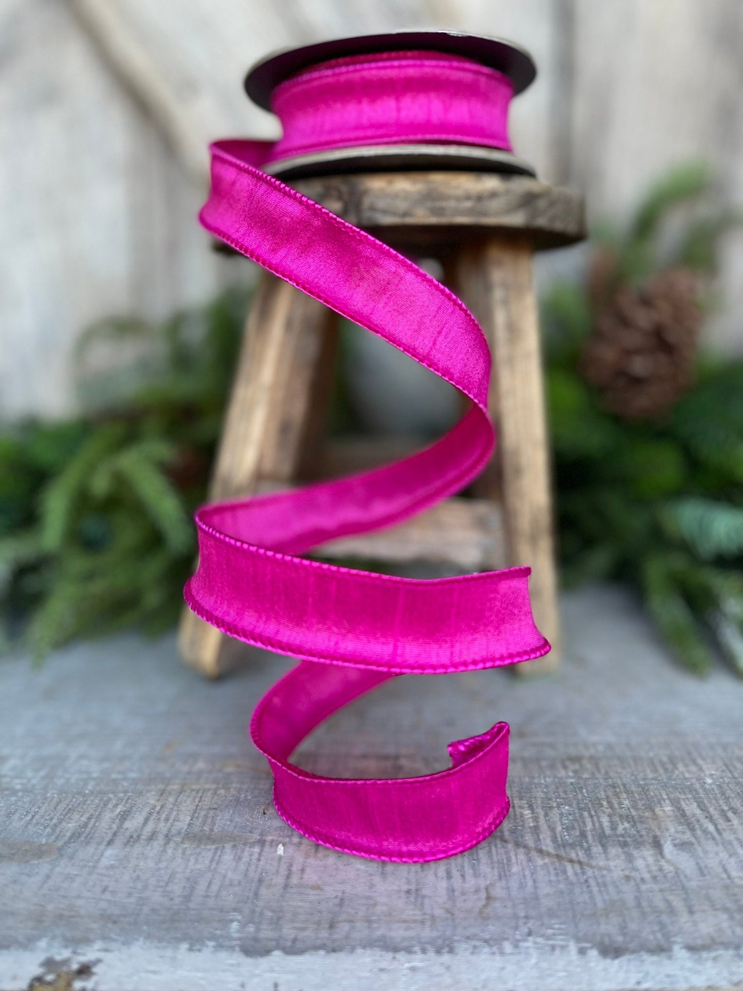 7/8" Hot Pink Dupioni Ribbon, Wired Ribbon,Narrow Ribbon,Skinny Ribbon
