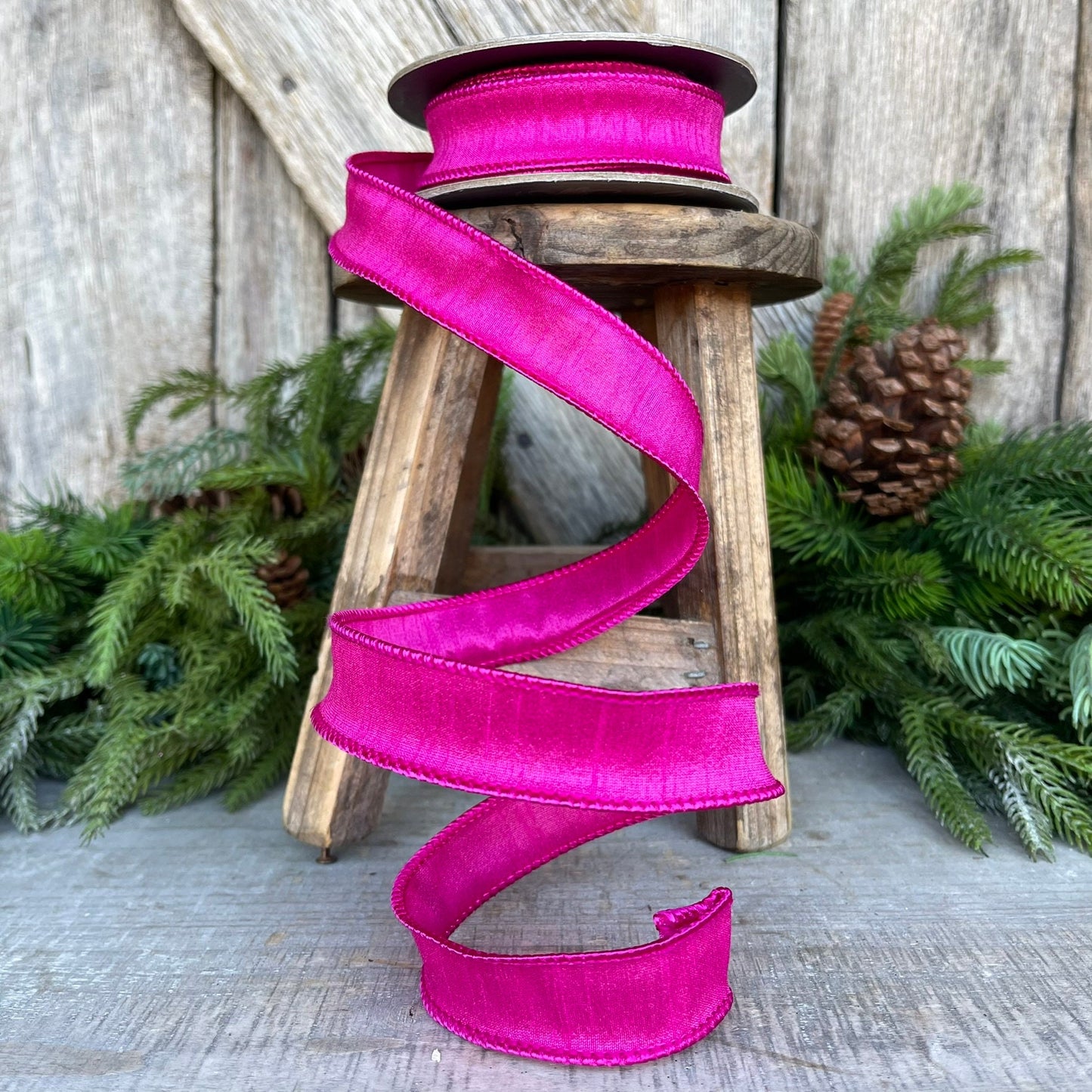 7/8" Hot Pink Dupioni Ribbon, Wired Ribbon,Narrow Ribbon,Skinny Ribbon