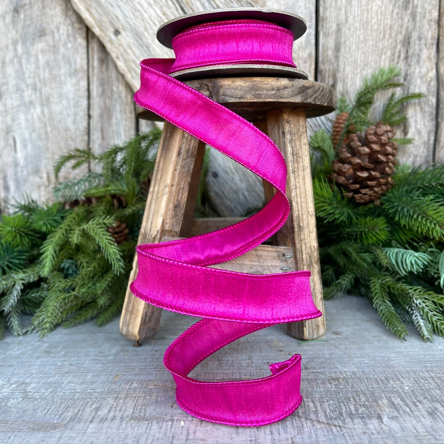 7/8" Hot Pink Dupioni Ribbon, Wired Ribbon,Narrow Ribbon,Skinny Ribbon