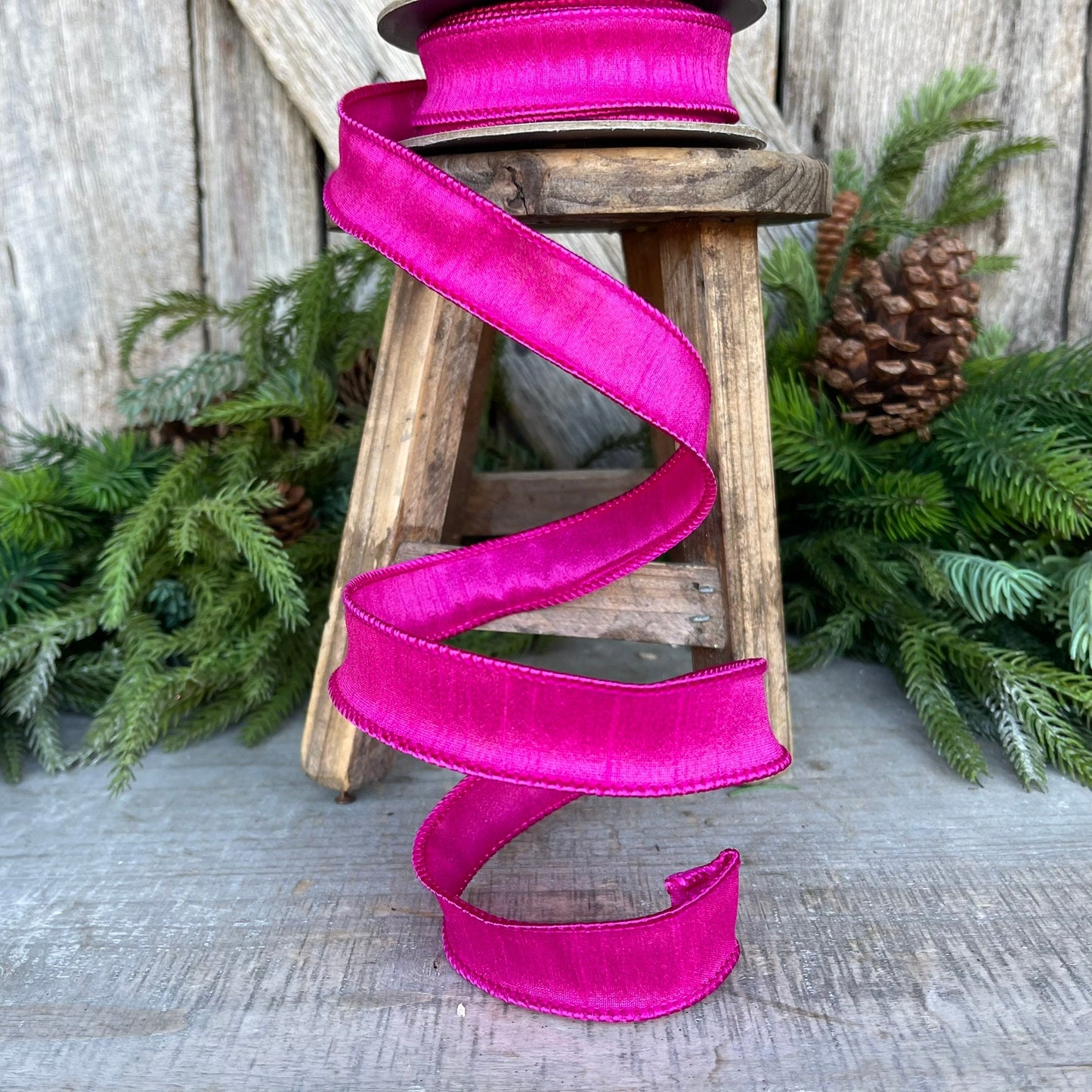 7/8" Hot Pink Dupioni Ribbon, Wired Ribbon,Narrow Ribbon,Skinny Ribbon