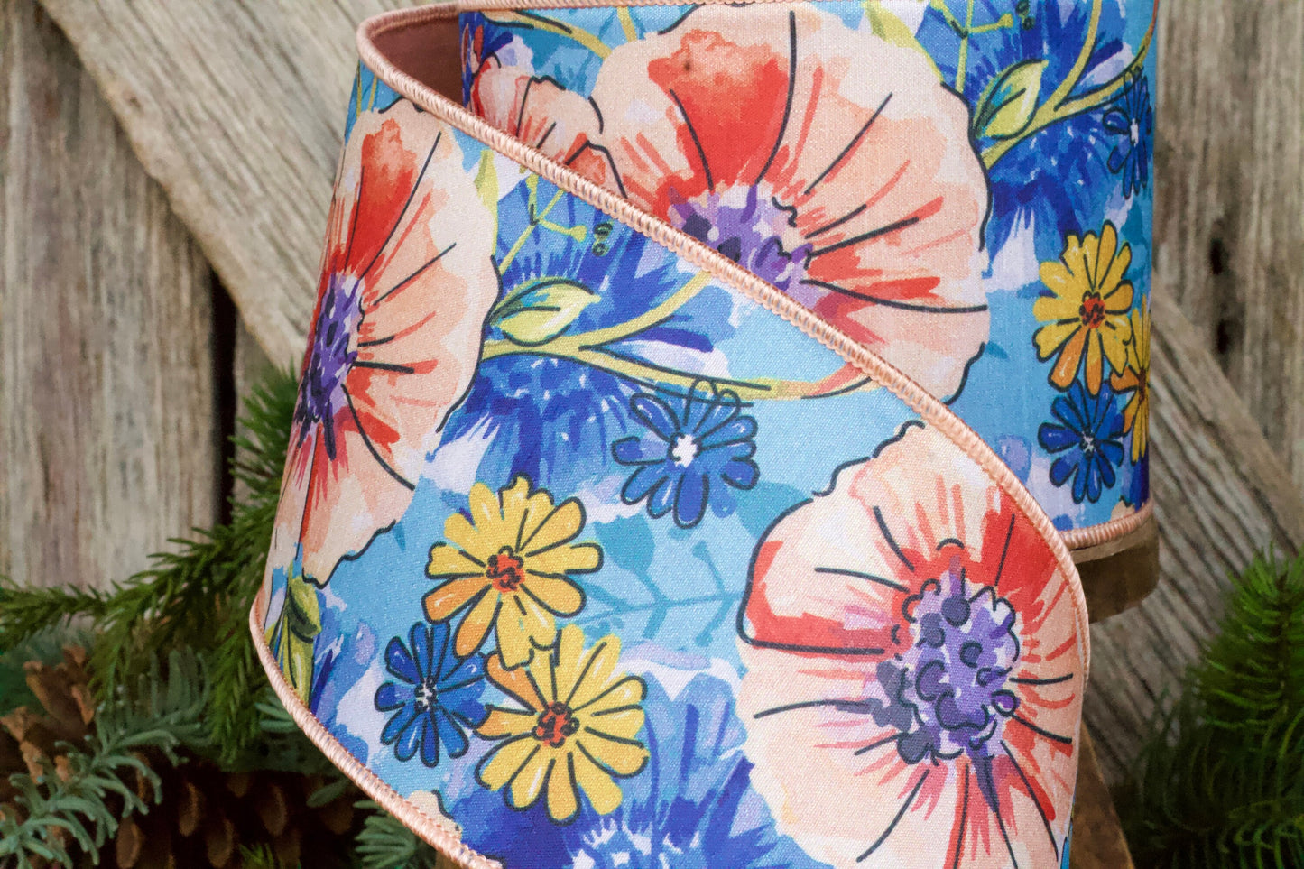 4" Blue Daisy Primrose Ribbon by D Stevens, Wired Ribbon