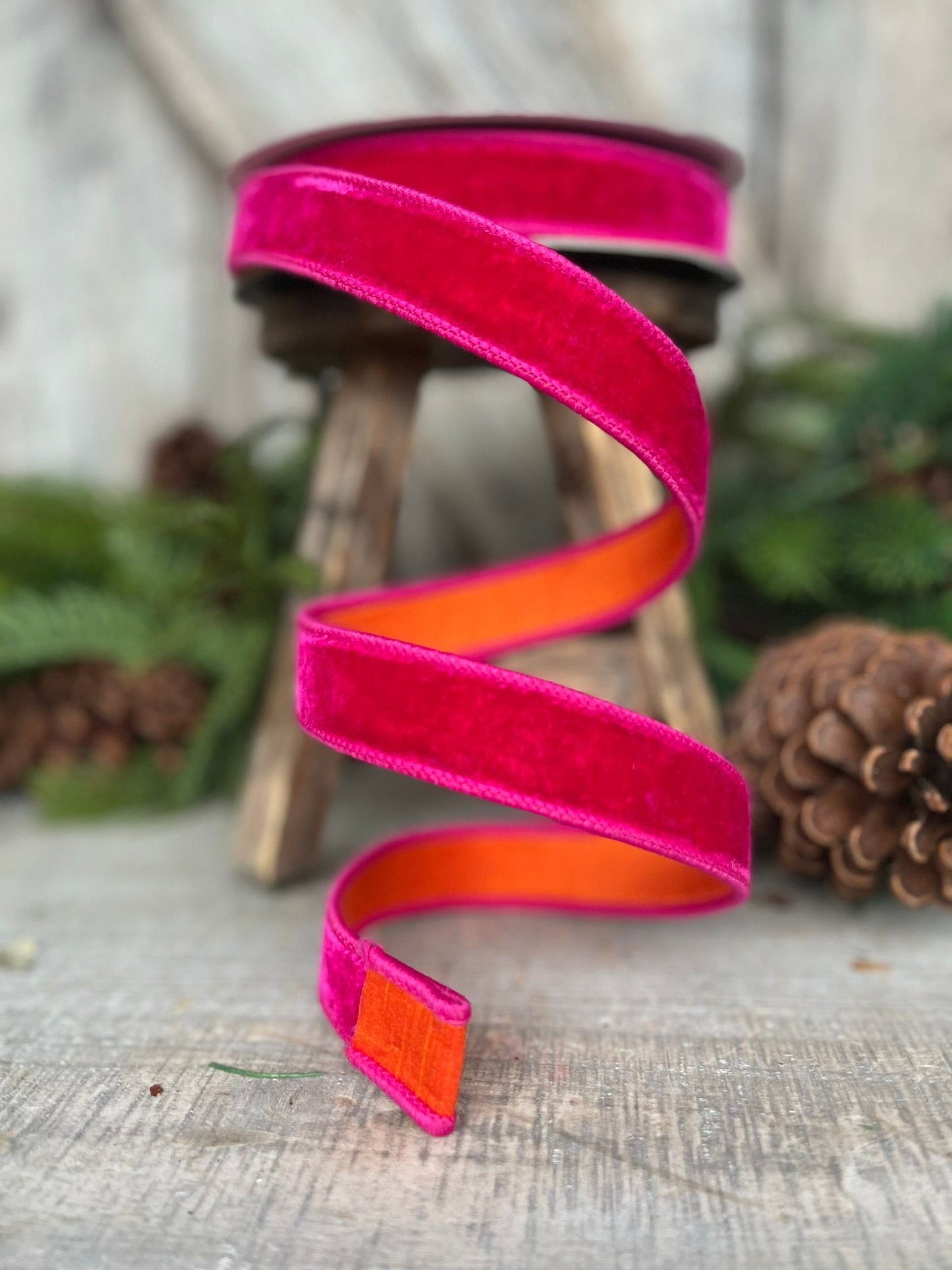 1" Pink Orange Velvet, Farrisilk Ribbon, Wired Ribbon
