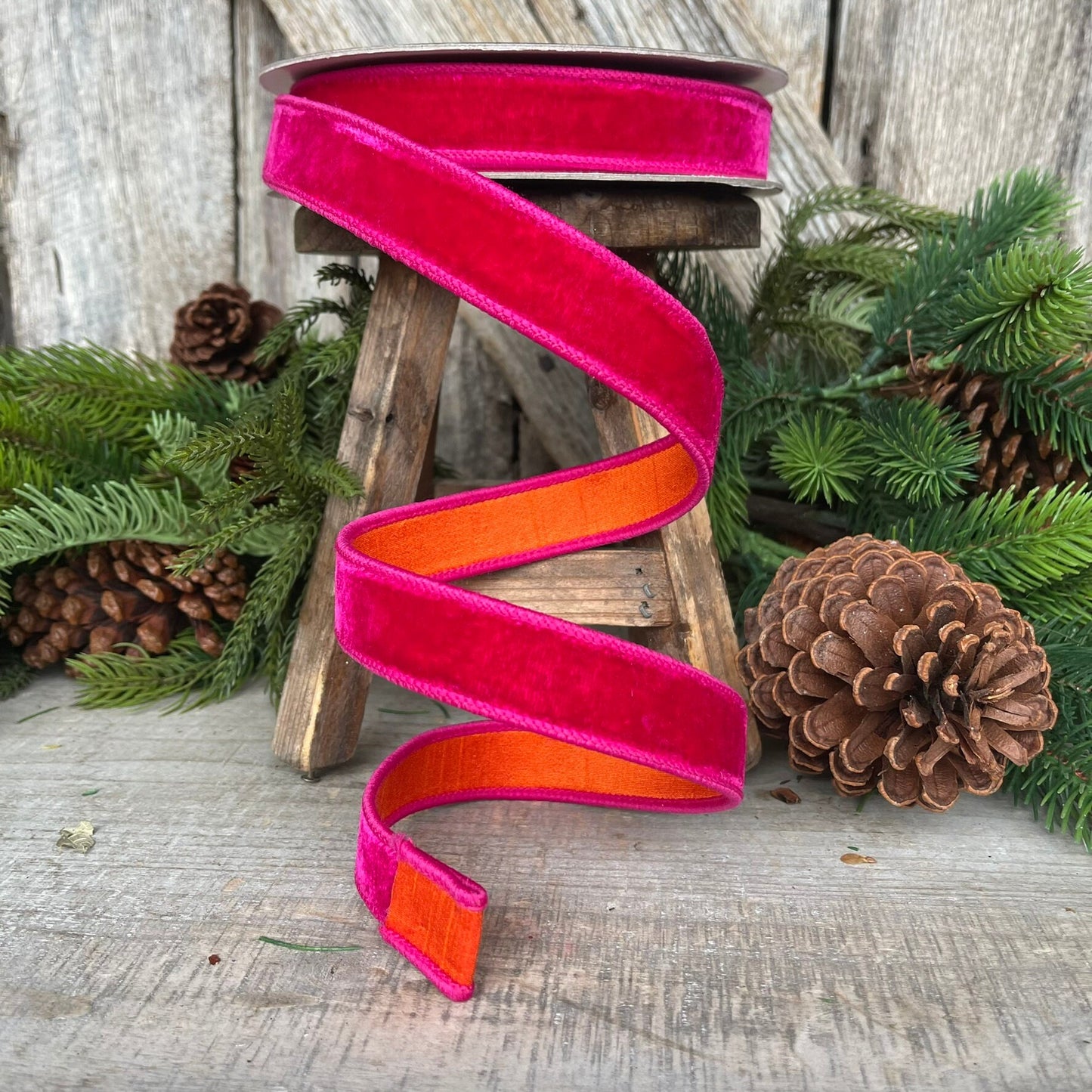 1" Pink Orange Velvet, Farrisilk Ribbon, Wired Ribbon