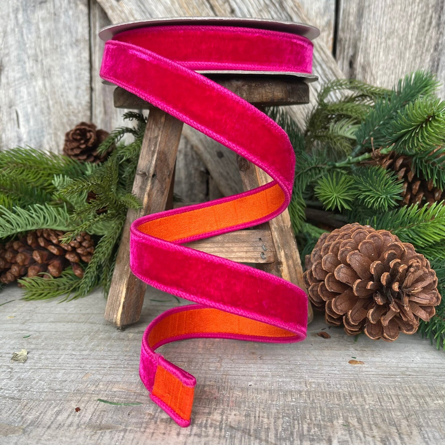 1" Pink Orange Velvet, Farrisilk Ribbon, Wired Ribbon