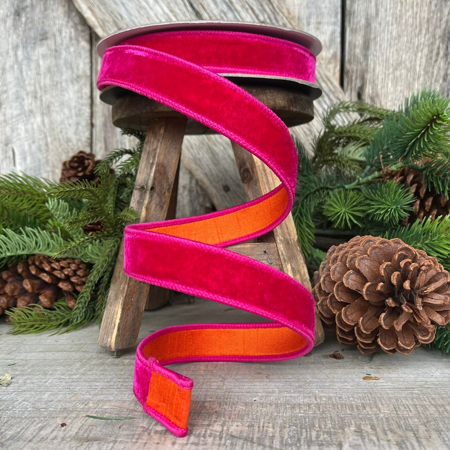 1" Pink Orange Velvet, Farrisilk Ribbon, Wired Ribbon