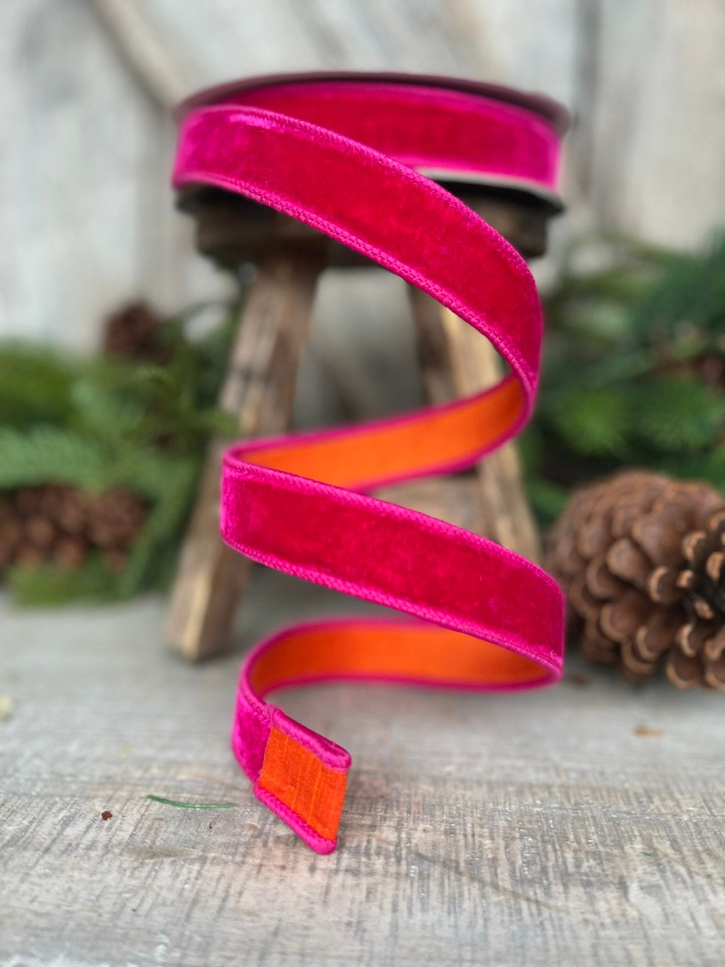 1" Pink Orange Velvet, Farrisilk Ribbon, Wired Ribbon