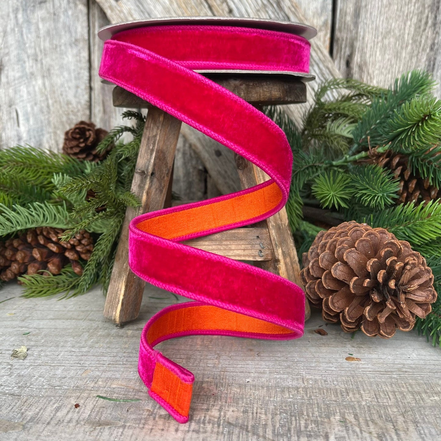 1" Pink Orange Velvet, Farrisilk Ribbon, Wired Ribbon