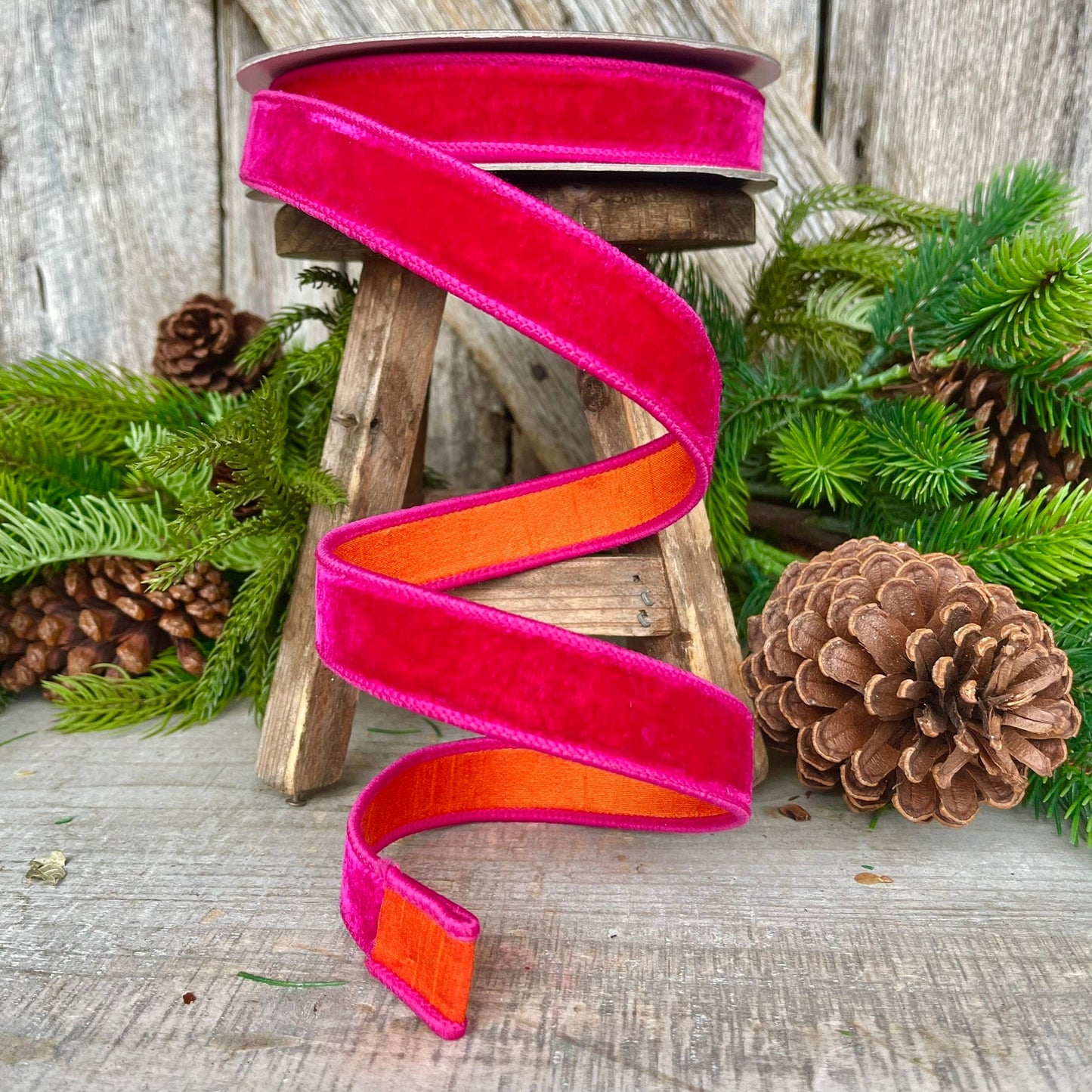 1" Pink Orange Velvet, Farrisilk Ribbon, Wired Ribbon