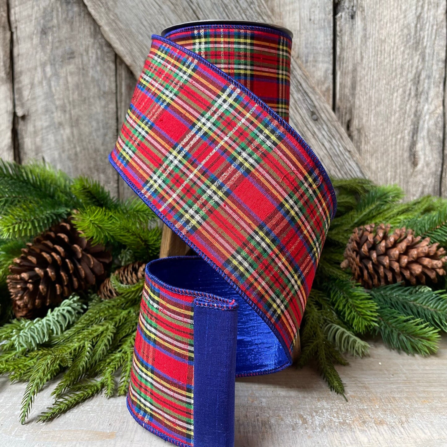 4" Blue Caroler Plaid RIbbon, Farrisilk Ribbon