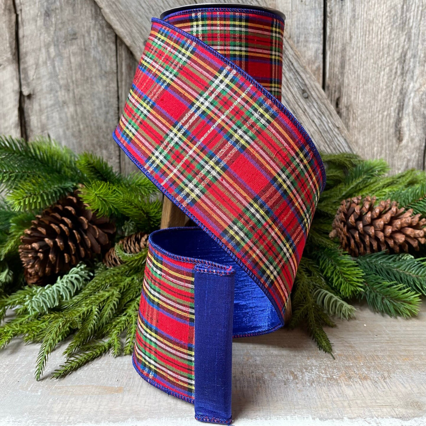 4" Blue Caroler Plaid RIbbon, Farrisilk Ribbon