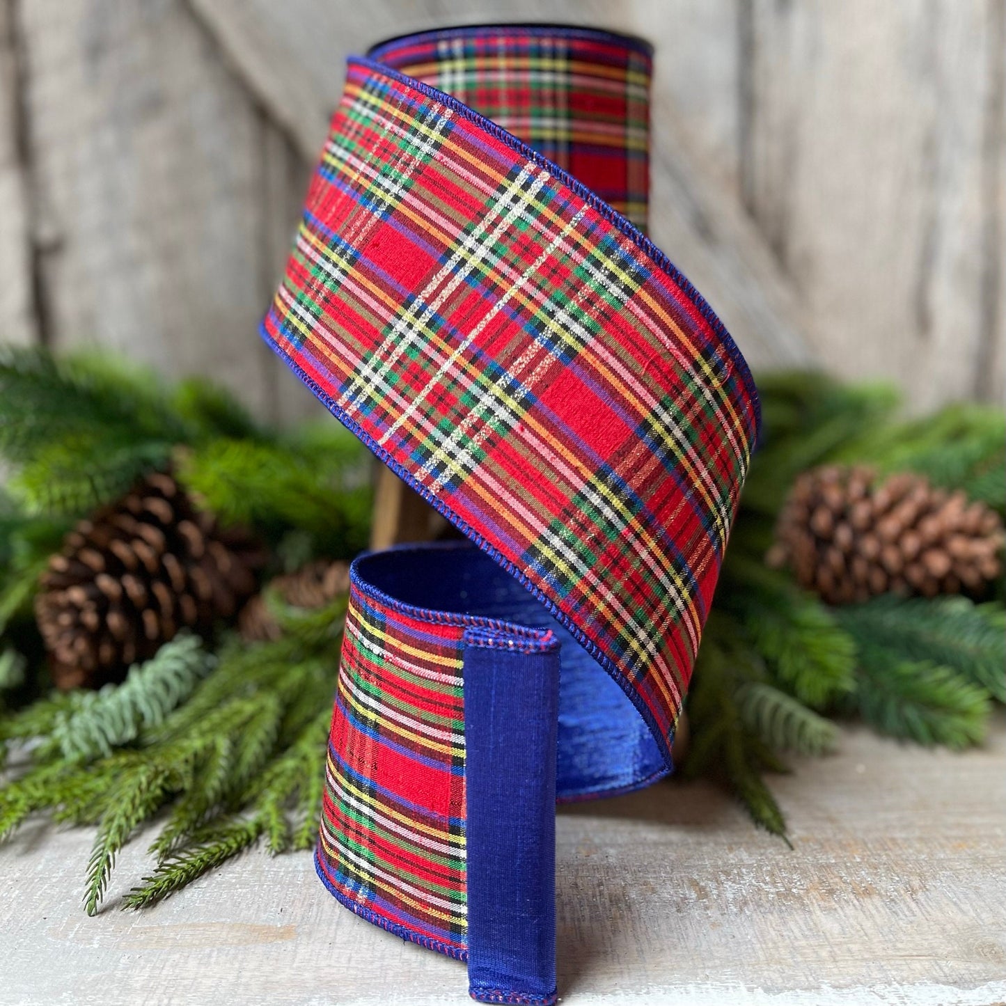 4" Blue Caroler Plaid RIbbon, Farrisilk Ribbon