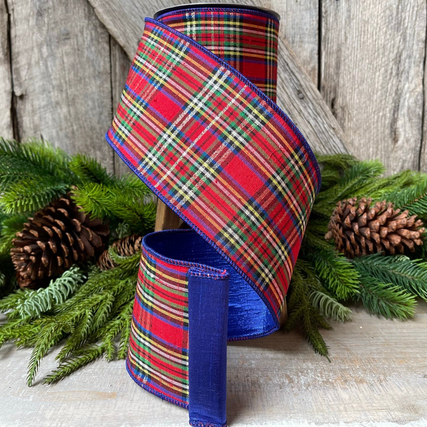4" Blue Caroler Plaid RIbbon, Farrisilk Ribbon