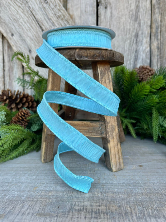 7/8" Aqua Blue Dupioni Ribbon, Wired Ribbon, Narrow Ribbon