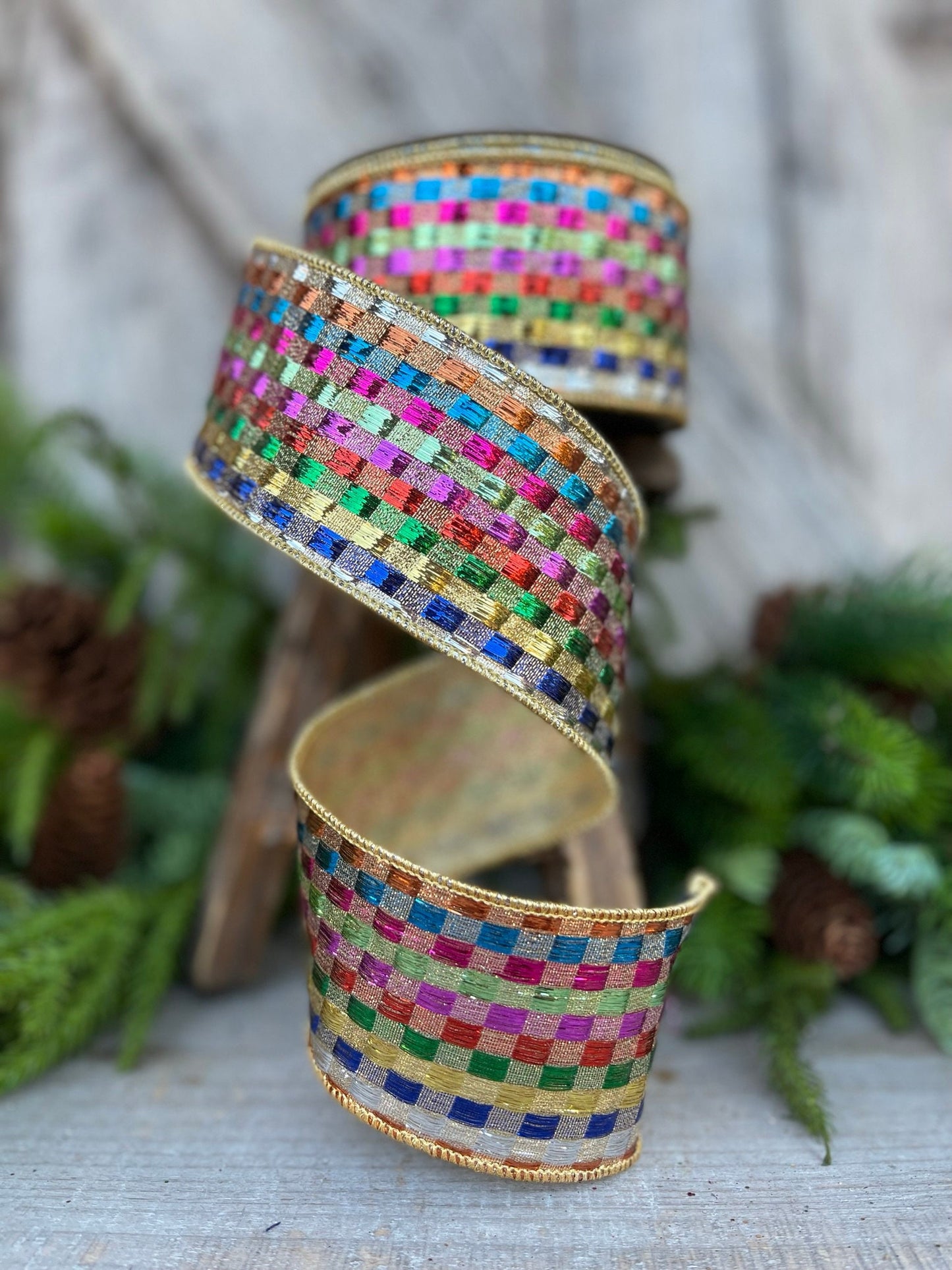 2.5" Tinsel Checks Ribbon, Farrisilk Ribbon, Rainbow Ribbon