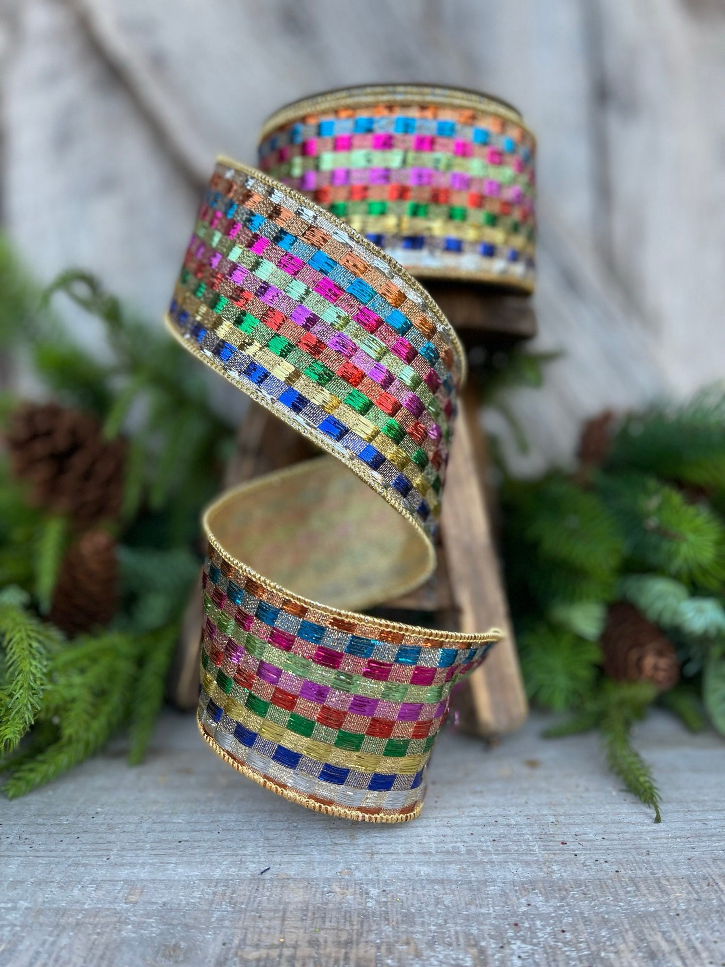 2.5" Tinsel Checks Ribbon, Farrisilk Ribbon, Rainbow Ribbon