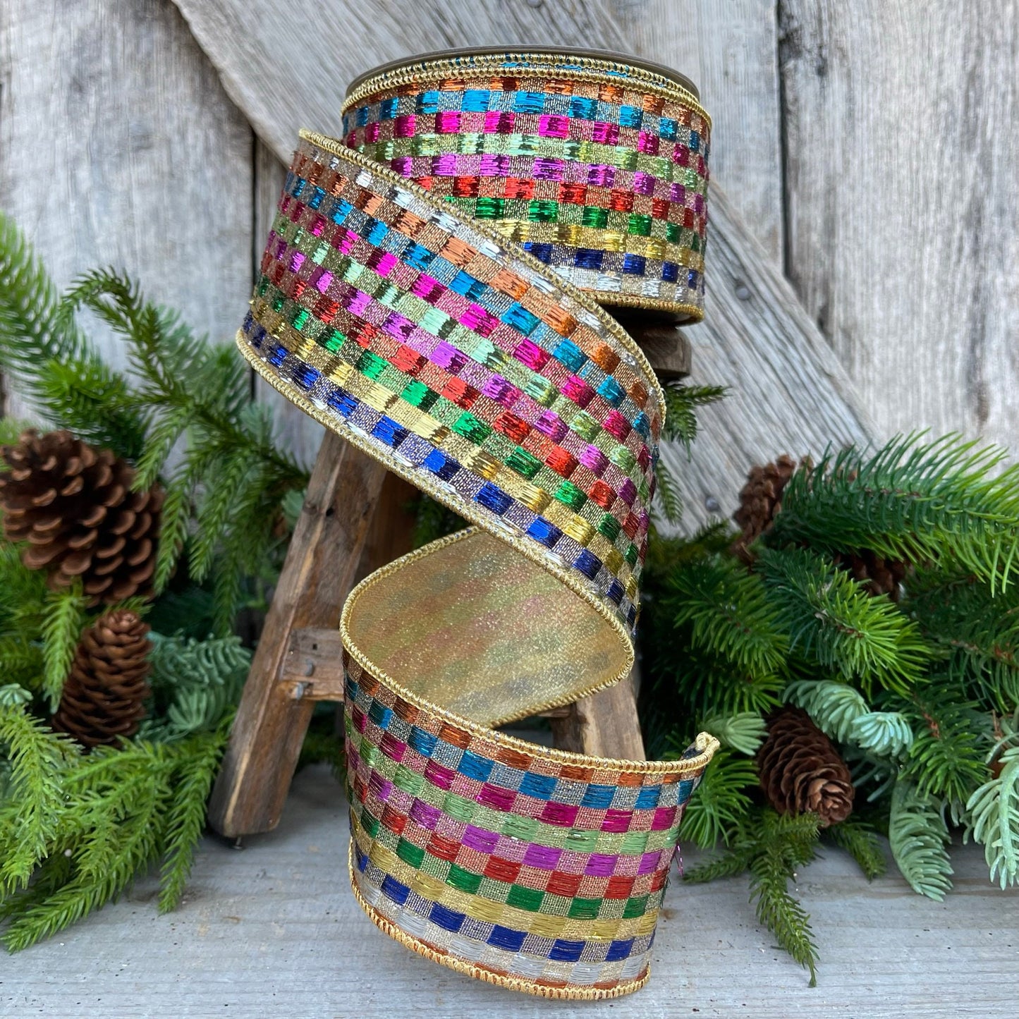 2.5" Tinsel Checks Ribbon, Farrisilk Ribbon, Rainbow Ribbon