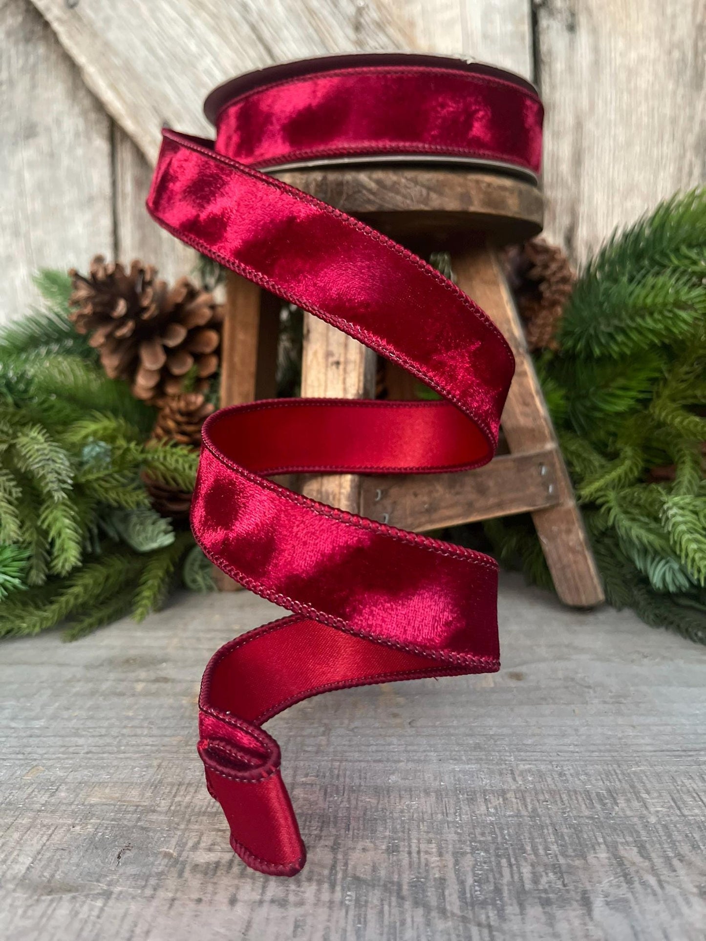 1” Burgundy Silken Velvet Ribbon, Farrisilk ribbon