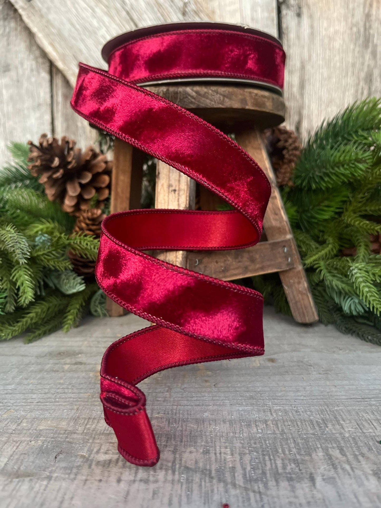 1” Burgundy Silken Velvet Ribbon, Farrisilk ribbon