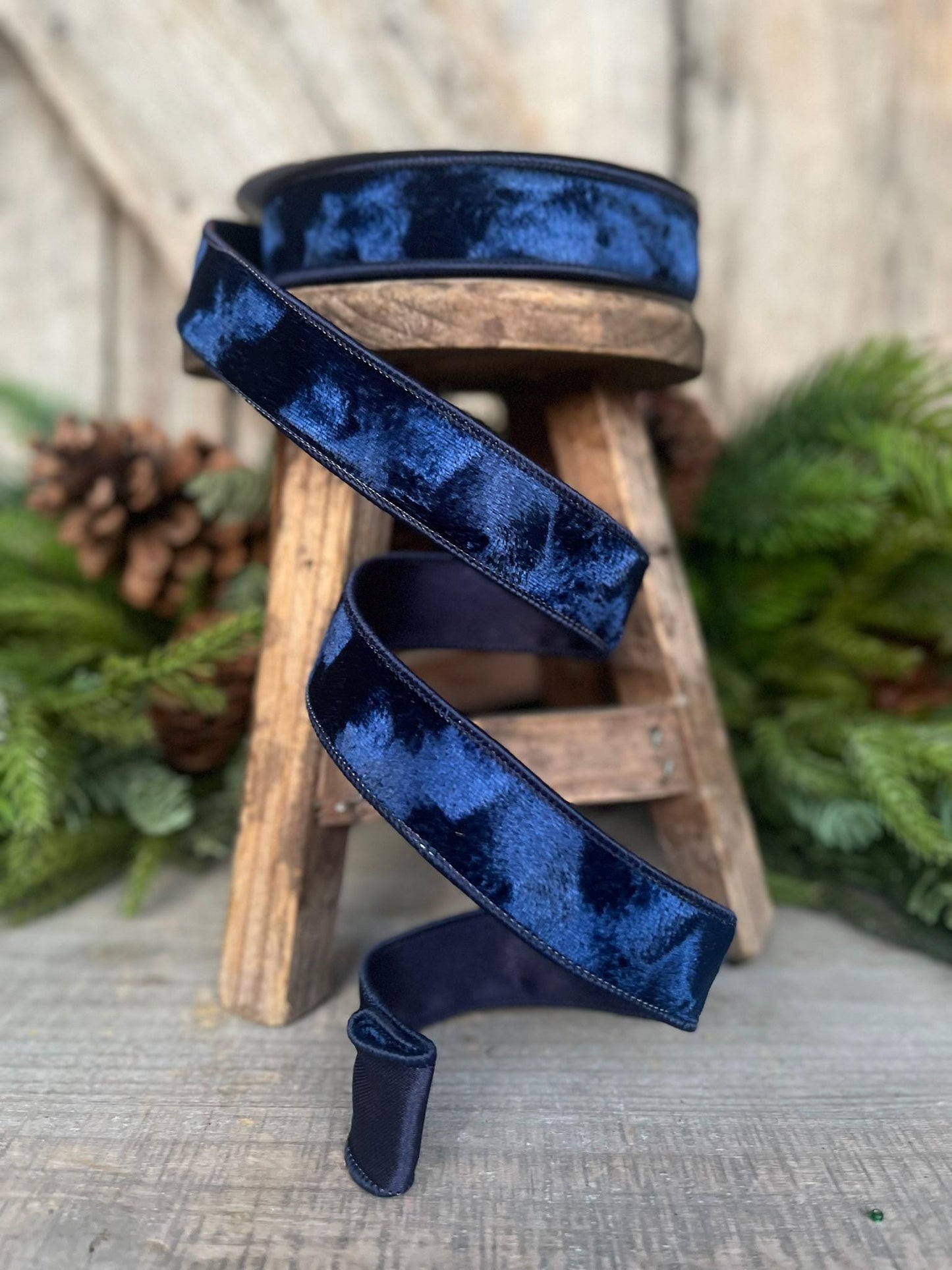 1" Navy Blue Velvet Ribbon, Silken Velvet Ribbon, Farrisilk Wired Velvet Ribbon